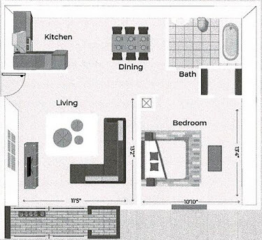1 Bedroom 1 Bath Model Floor Plan A2