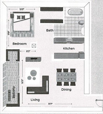 1 Bedroom 1 Bath Model Floor Plan A3