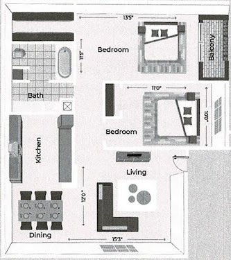 2 Bedroom 1 Bath Model Floor Plan B1